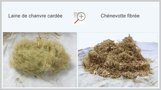 Laine de chanvre cardée et chènevotte fribrée
